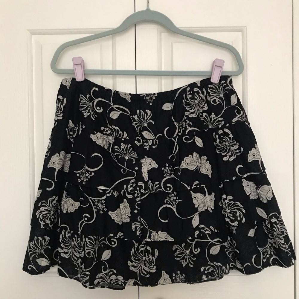 Old Navy Butterfly Floral Tiered Ruffle Mini Skirt Black Tan Pull On L